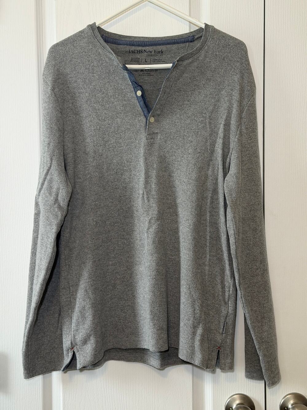 JACHS New York Mens Large Gray Waffle Knit Long Sleeve Henley Shirt Tribeca